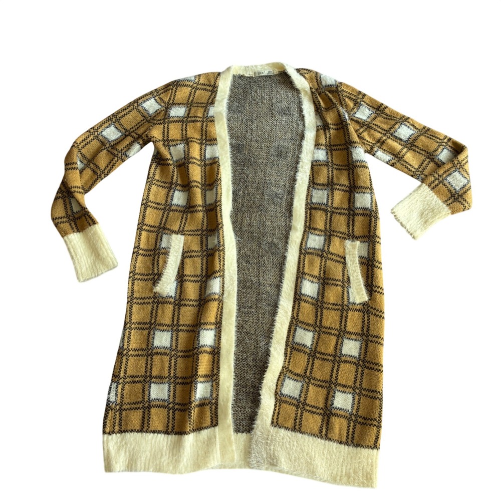 DEX Anthropologie Mustard & Cream Plaid Midi Cardigan Women S Fuzzy Eyelash Trim